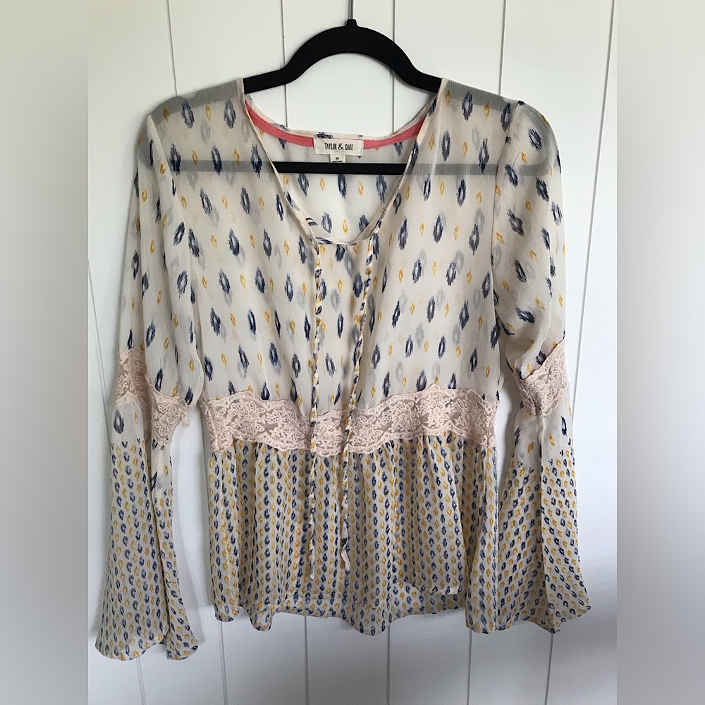Long bell sleeve cream, blue, yellow shear blouse, M